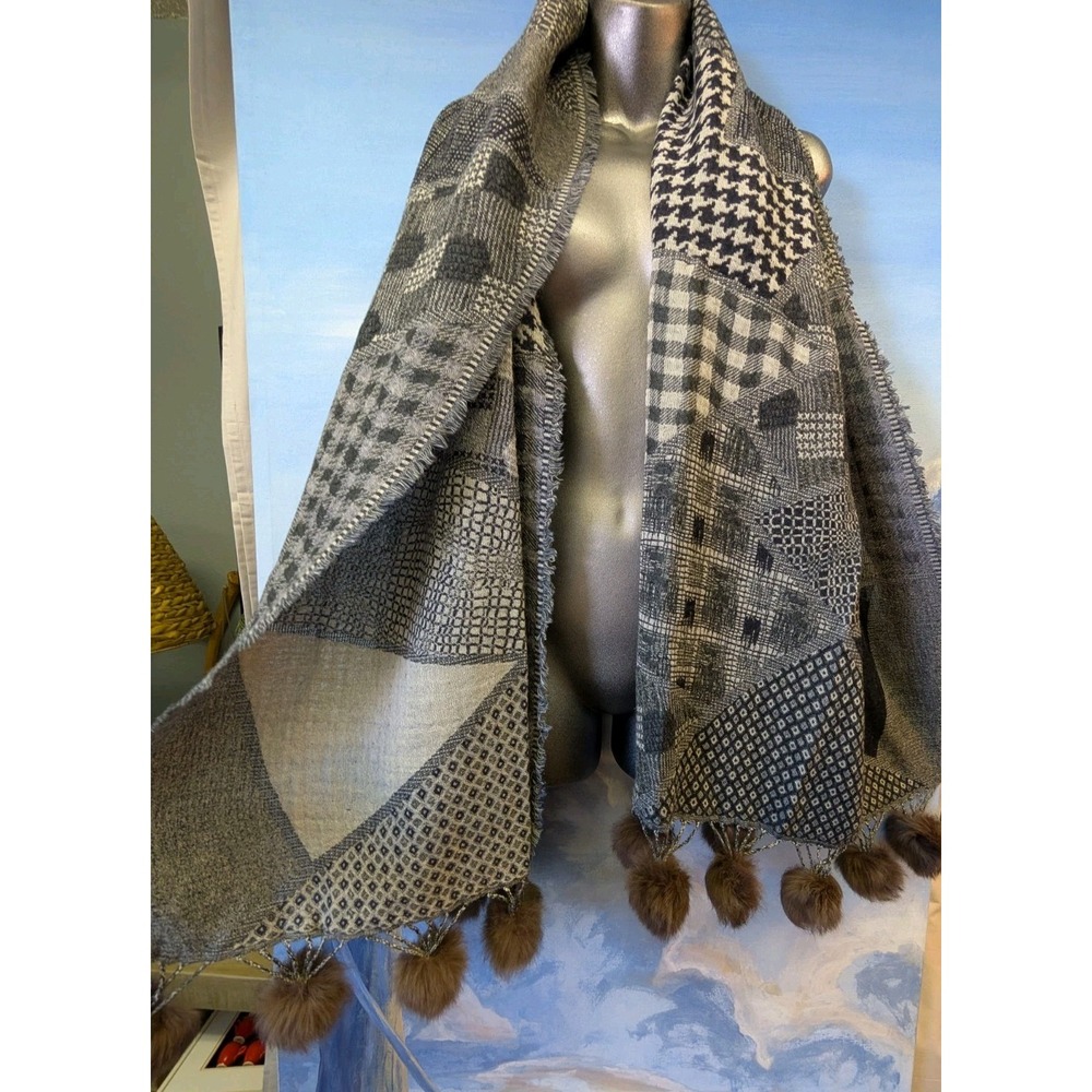 NEW! Gerard Darel Rabbit Fur Pom Pom Mixed Pattern Wrap Scarf